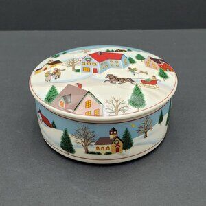 Mikasa Holiday Village Trinket Box Christmas Winter Snow Scene Lidded Candy Dish